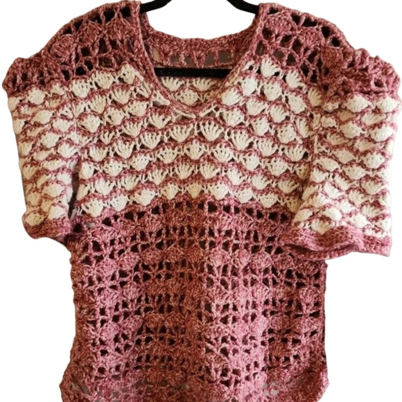 Vintage Tops - Crochet Vintage Shirt Pink White sz M Girlhood Festival Handmade Stagecoach